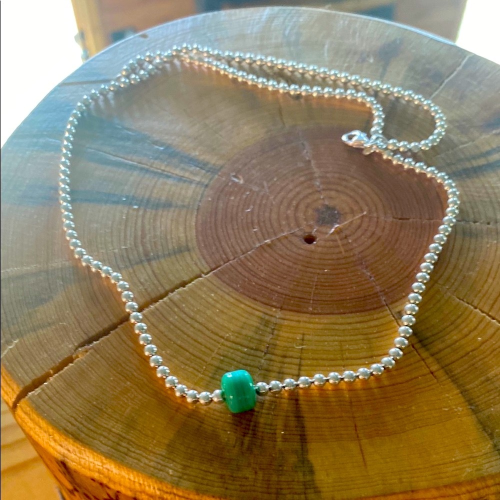 Polished Navajo Pearl Genuine Silver Necklace with Green Glass Bead